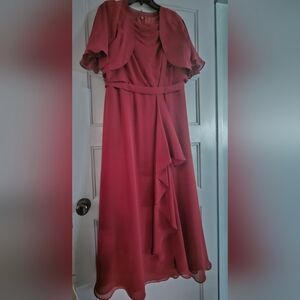 Azazie aaliyah modest bridesmaid dress in cabernet with chiffon wrap included